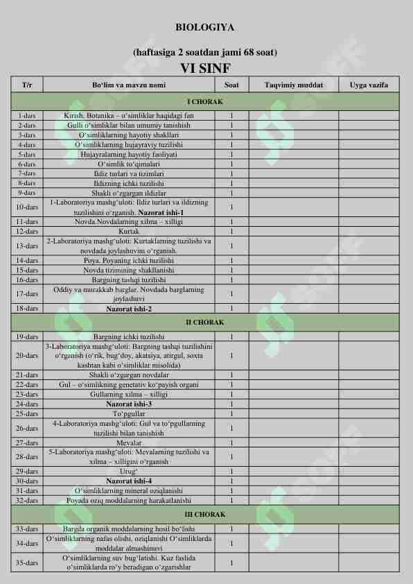 6-sinf taqvimiy reja biologiya