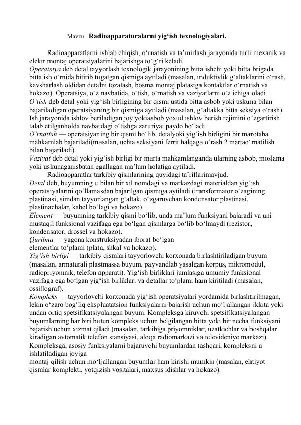 Radioapparaturalarni yig‘ish texnologiyalari