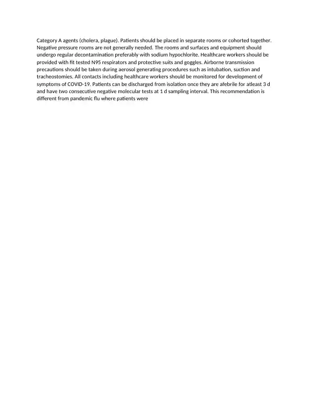 Airborne Transmission Precautions for Category A Agents (Cholera, Plague)