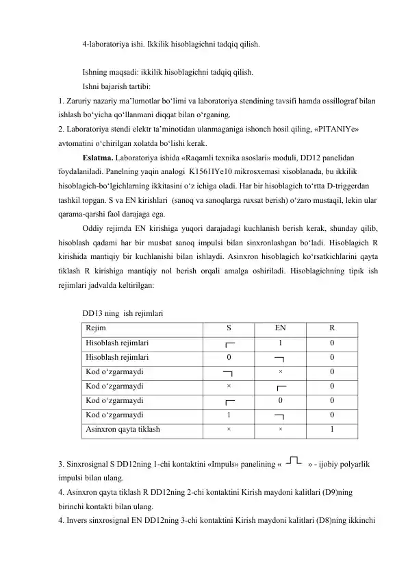 4-laboratoriya ishi. Ikkilik hisoblagichni tadqiq qilish