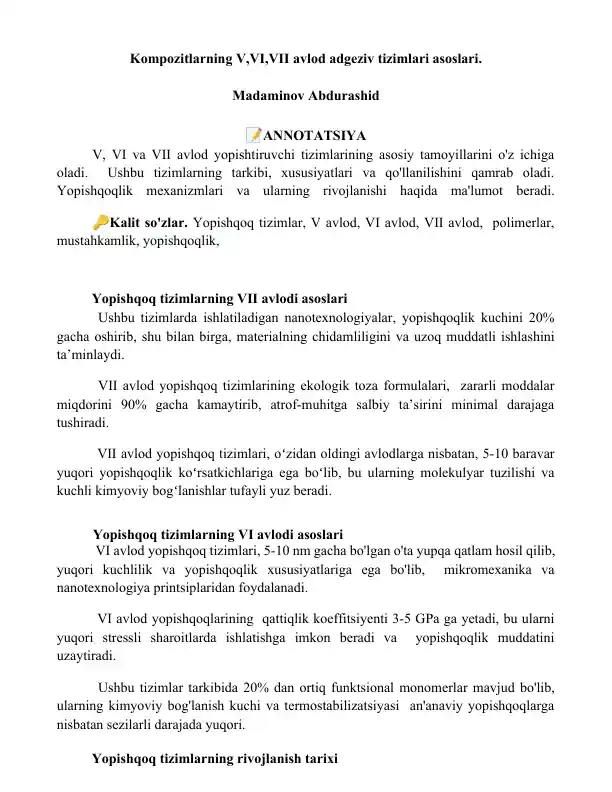 Kompozitlarning V,VI,VII avlod adgeziv tizimlari asoslari