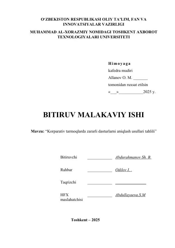Korparativ tarmoqlarda zararli dasturlarni aniqlash usullari tahlili