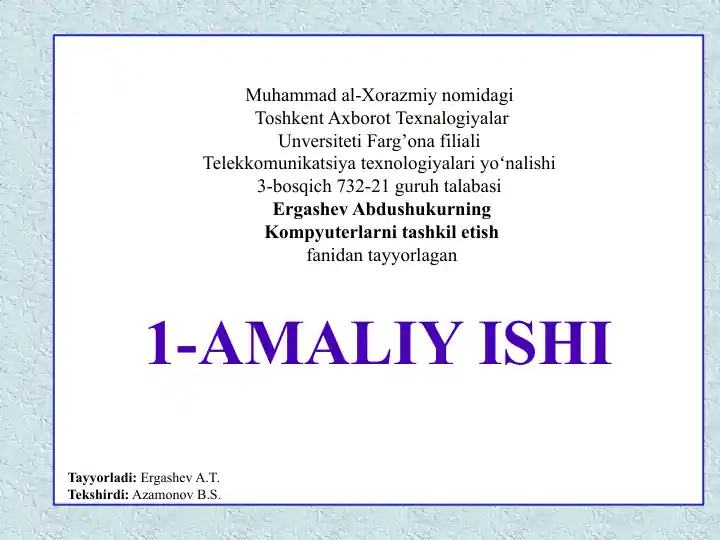 Kompyuterlarni tashkil etish fani bo‘yicha 1-amaliy ish: HDD va qattiq disklar tuzilishi hamda zamonaviy disklar sig‘imlari
