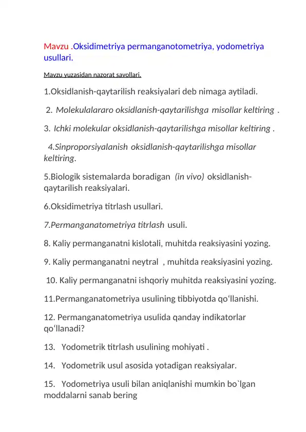 Oksidimetriya permanganotometriya, yodometriya usullari