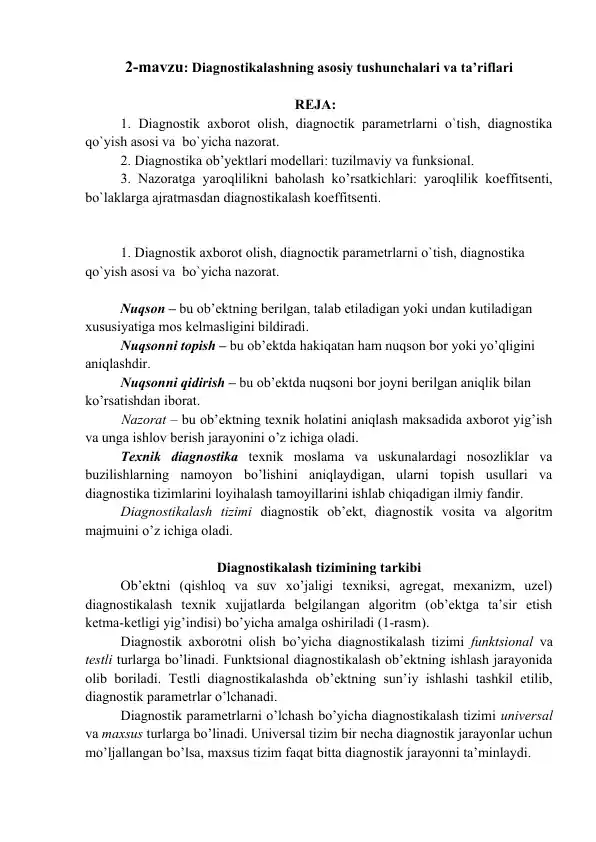 Diagnostikalashning asosiy tushunchalari va ta’riflari