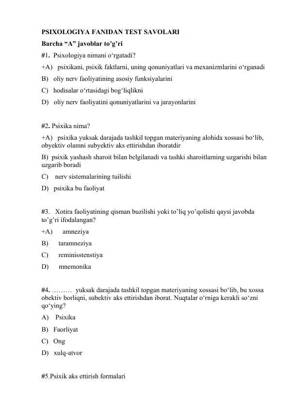 Psixologiya fanidan test savolari