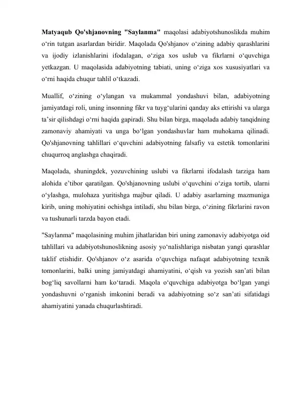Saylanma maqolalar to‘plami (Matyaqub Qo'shjanov, Ozod Sharafiddinov, U. Normatov)