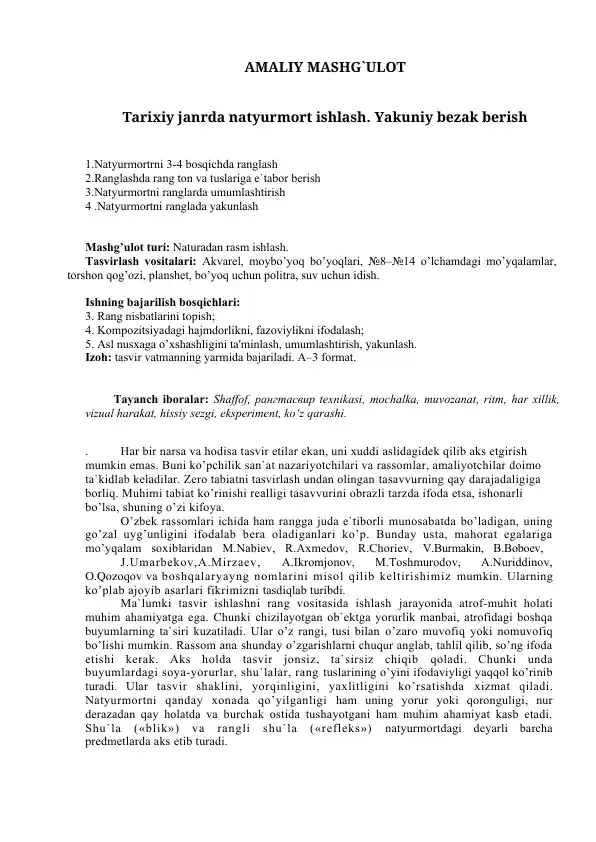 Natyurmort ishlash mashg'uloti