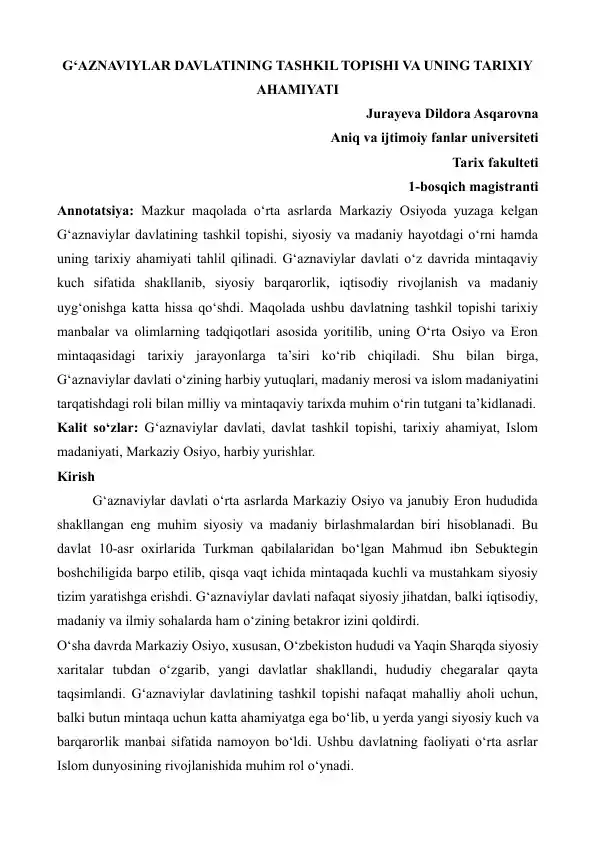 G‘AZNAVIYLAR DAVLATINING TASHKIL TOPISHI VA UNING TARIXIY AHAMIYATI