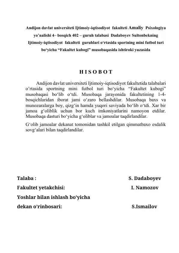 "Fakultet kubogi musobaqasi haqida hisobot"