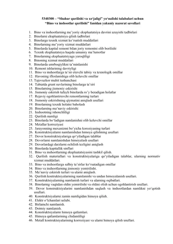 “Shahar qurilishi va xo‘jaligi” yo‘nalishi talabalari uchun