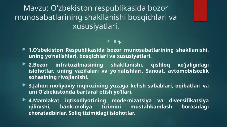 O'zbekiston Respublikasida bozor munosabatlarining shakllanishi