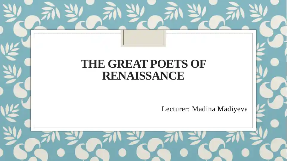 The Great Poets of the Renaissance
