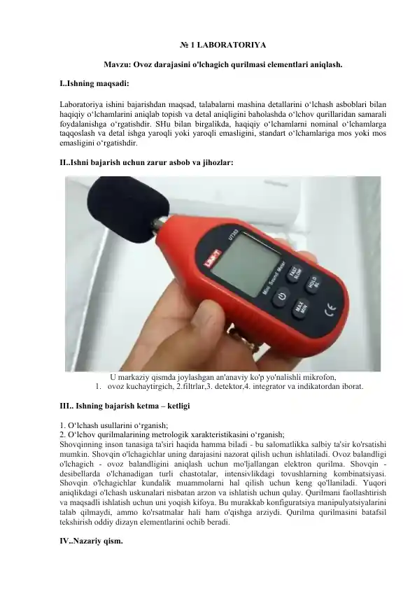 Laboratoriya ovoz darajasini o'lchagich qurilmasi elementlari