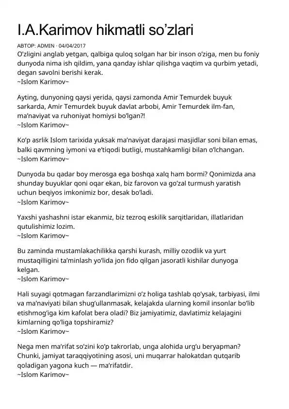 I.A.Karimov hikmatli so’zlari
