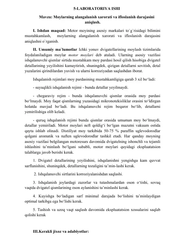 Laboratoriya ishi - Moylarning alangalanish xarorati va ifloslanish darajasini aniqlash