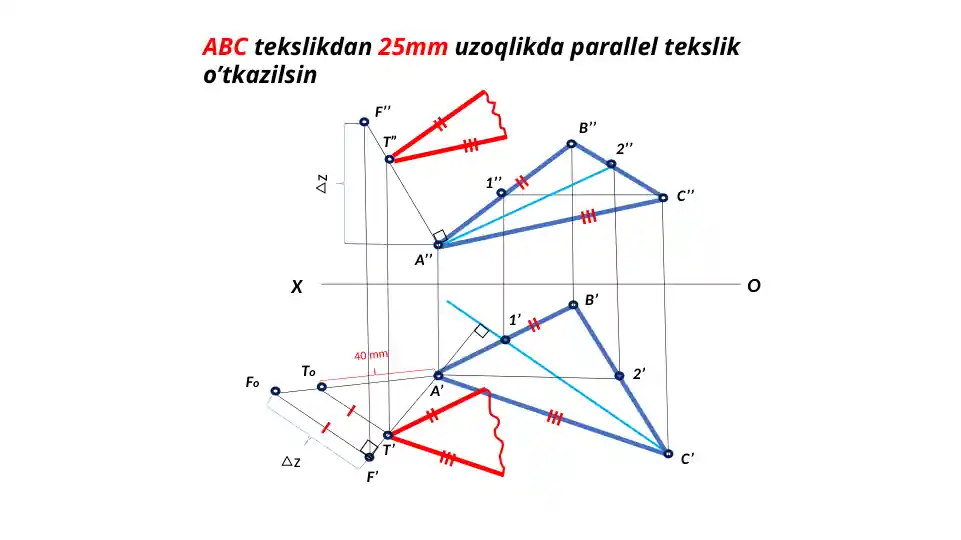 3-grafik topshiriq – ABC tekislikdan 25 mm uzoqlikda parallel tekislik va N nuqta orqali o‘tuvchi tekislikning izlarini chizish