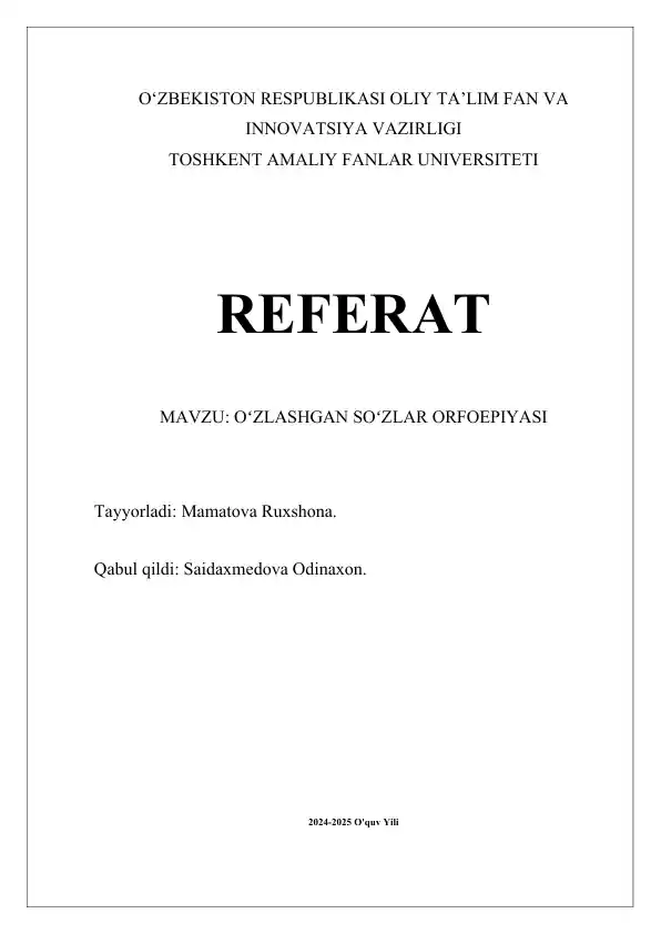 O‘zlashgan So‘zlar Orfoepiyasi Referati