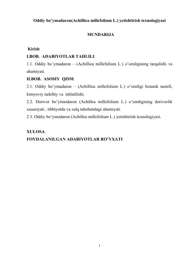 Oddiy bo’ymadaron (Achillea millefolium L.)