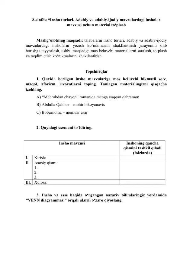Insho turlari. Adabiy va adabiy-ijodiy mavzulardagi insholar mavzusi uchun material to‘plash