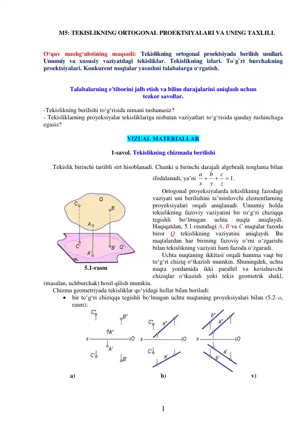 Tekislikning Ortogonal Proektsiyalari va Uning Taxlili
