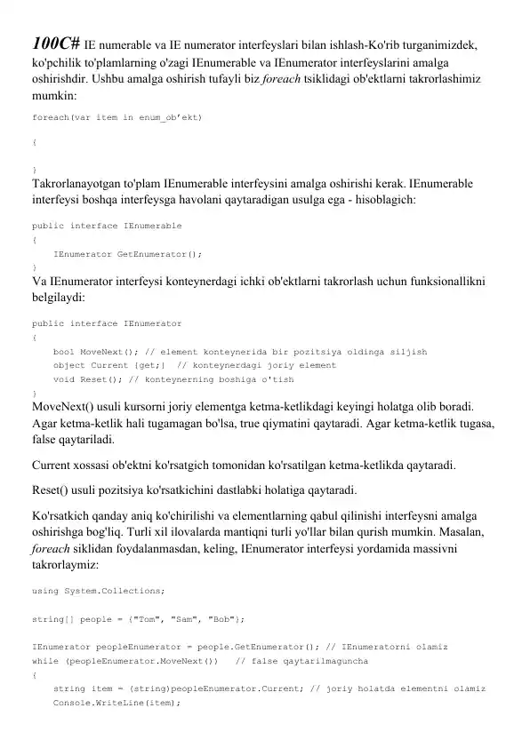 IEnumerable va IEnumerator interfeyslari bilan ishlash haqida taqdimot