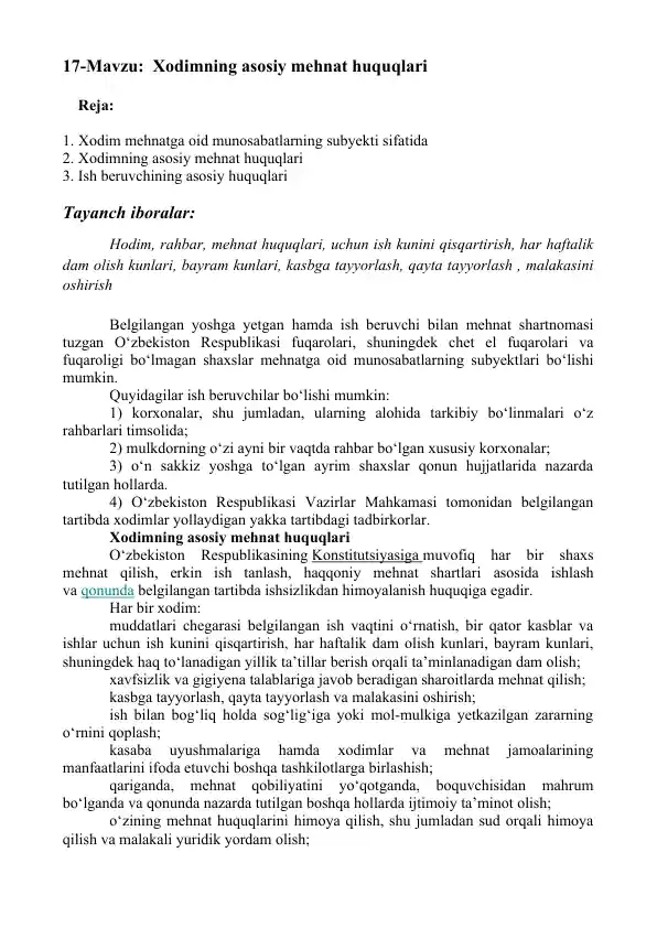 Xodimning asosiy mehnat huquqlari