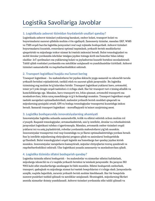Logistika Savollariga Javoblar