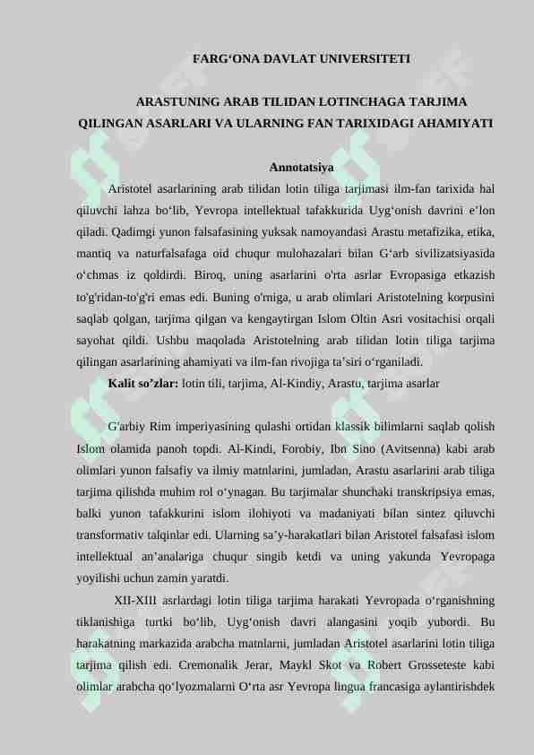 ARASTUNING ARAB TILIDAN LOTINCHAGA TARJIMA QILINGAN ASARLARI VA ...