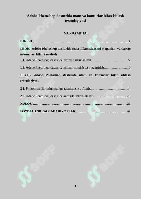 Adobe Photoshop dasturida matn va konturlar bilan ishlash texnologiyasi