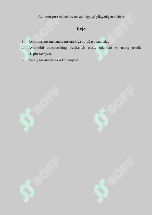 Avtotransport muhandis-mеxanikiga qo`yilayadigan talablar