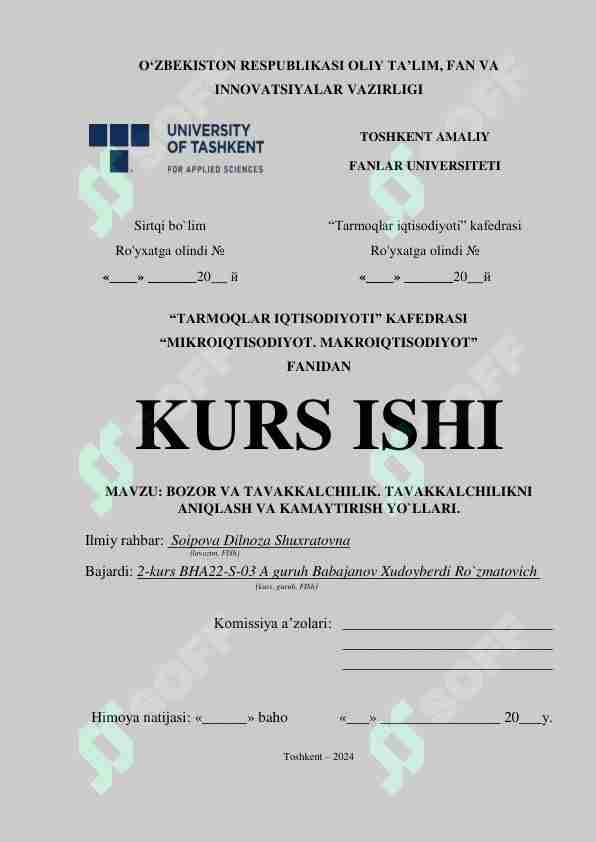 BOZOR VA TAVAKKALCHILIK TAVAKKALCHILIKNI ANIQLASH VA KAMAYTIRISH