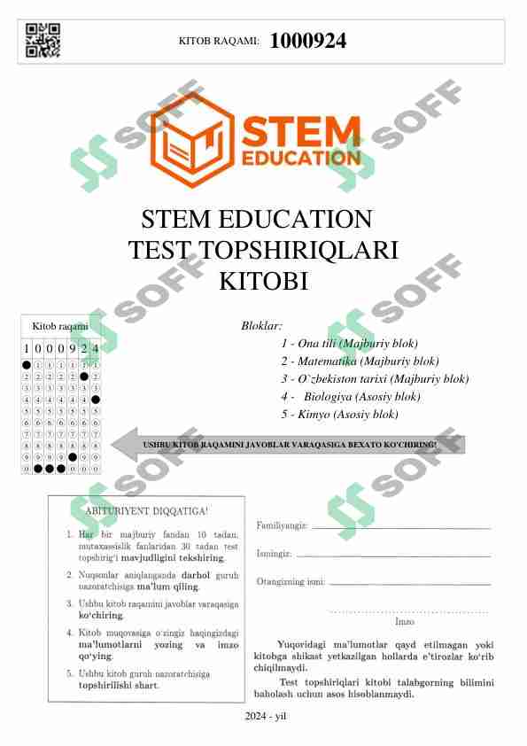 Biologiya-Kimyo yo'nalishidagilar uchun blok test (javoblari bilan) TUSHISH EHTIMOLI BOR (5 ta variant)