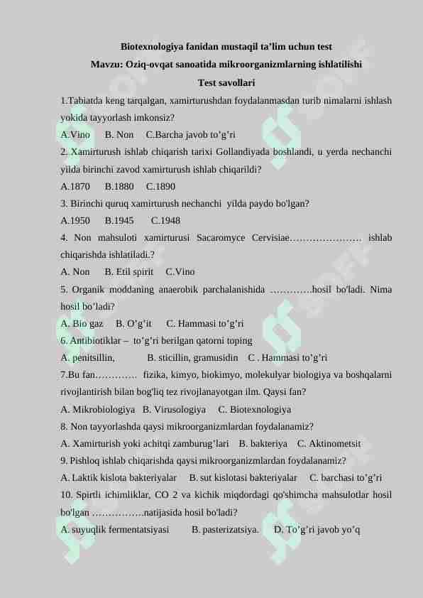 Oziq-ovqat sanoatida mikroorganizmlarning ishlatilishi