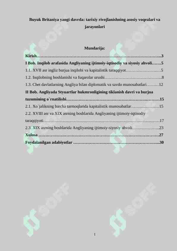 Buyuk Britaniya yangi davrda: tarixiy rivojlanishning asosiy voqealari va jarayonlari