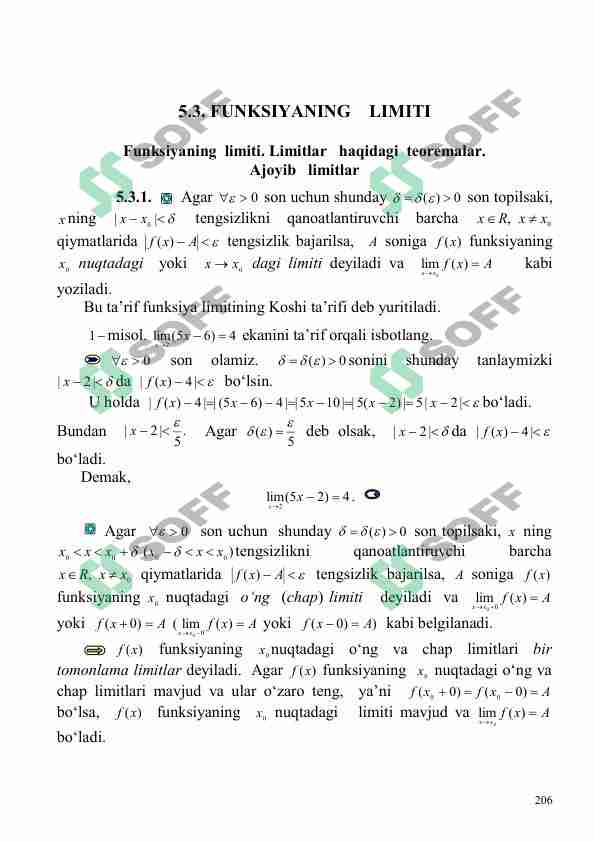 Funksiyaning limiti. Limitlar haqidagi teoremalar.  Ajoyib limitlar