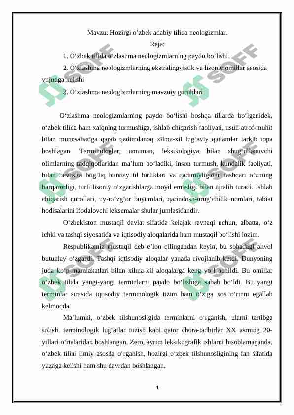 Hozirgi o’zbek adabiy tilida neologizmlar.