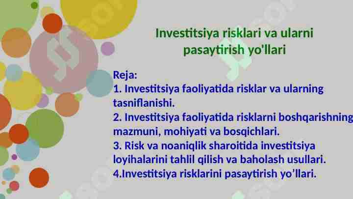 Investitsion risklar va ularni kamaytirish