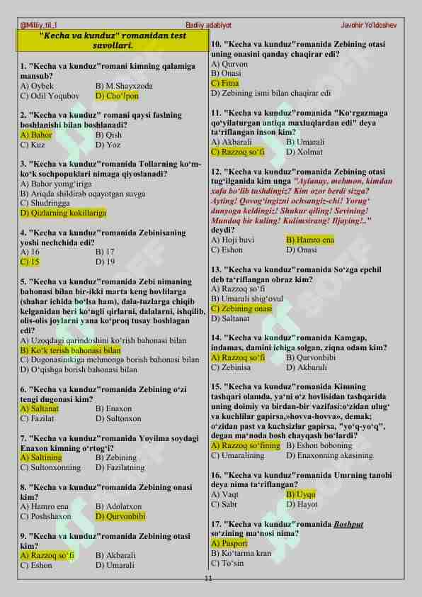 ''Kecha va kunduz'' (javobli) savol javoblar