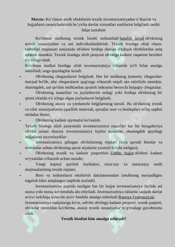 Ko’chmas mulk obektlarini texnik inventarizatsiyadan o’tkazish va hujjatlarni rasmiylashtirish bo’yicha davlat xizmatlari narhlarini belgilash tartibi bilan tanishish