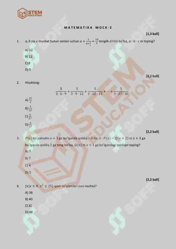 Matematika Milliy Sertifikat savollari (Tushish ehtimoli Bor)