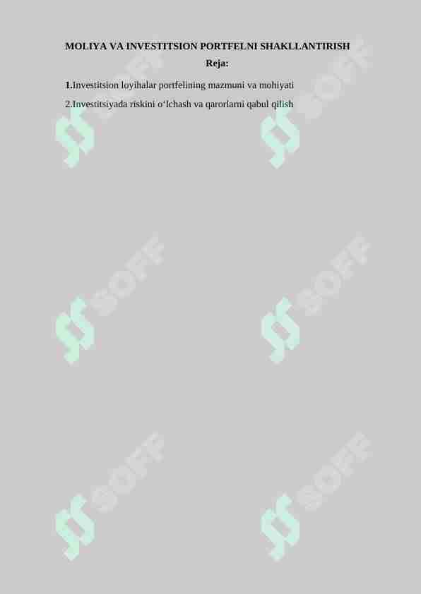 MOLIYA VA INVESTITSION PORTFELNI SHAKLLANTIRISH