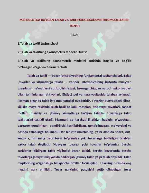 Talab Stak Mahsulotga bo'lgan talab va taklifning ekonometrik modellarini tuzish