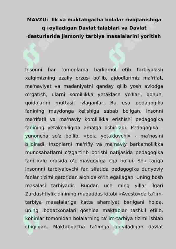 Maktabgacha yoshdagi bolalar rivojlanishiga qo'yiladigan davlat talablari