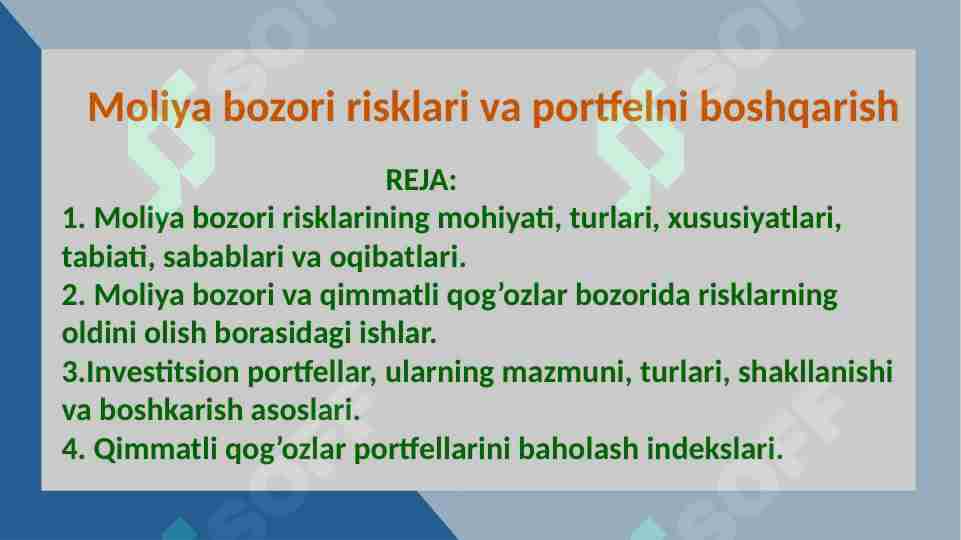 Moliya bozori risklari va portfelni boshqarish