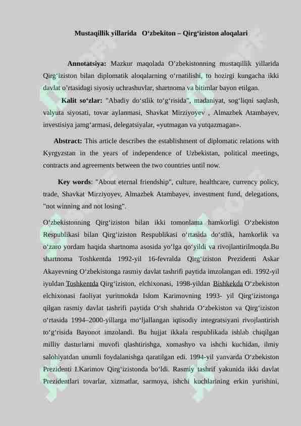 Mustaqillik yillarida   O‘zbekiton – Qirg‘iziston aloqalari