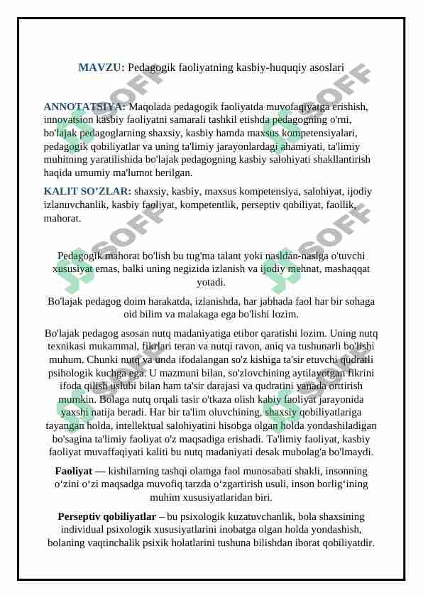 Pedagogik faoliyatning kasbiy-huquqiy asoslari (TEZIS)