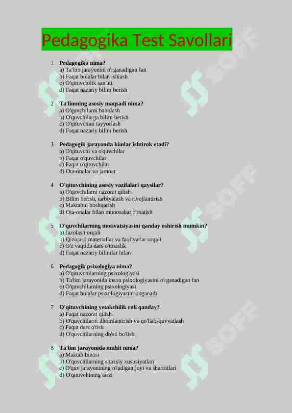 Pedagogika. Mutaxasislikga kirish test 100 talik test (javoblari bilan)