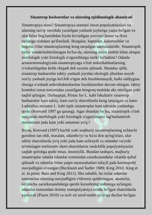 Sinantrop hasharotlar va ularning epidimologik ahamiyati