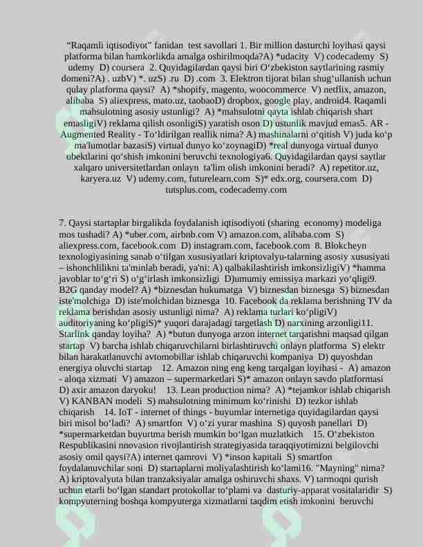 Raqamli iqtisodiyot fanidan 100 talik test savollari javoblari bilan